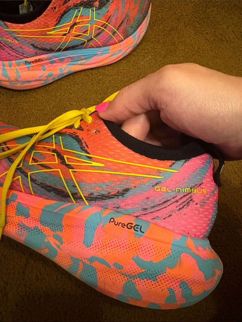 Asics Neon Pink and Blue Patterned Running Shoes with Yellow Laces - Picture 5 of 6